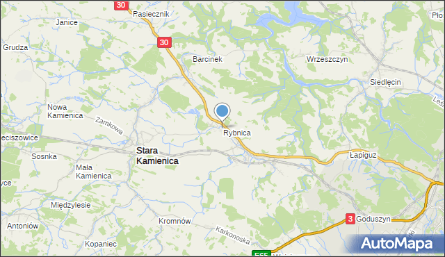 mapa Rybnica, Rybnica gmina Stara Kamienica na mapie Targeo